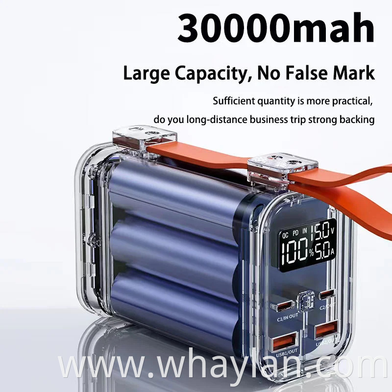 Whaylan New Arrival Power Supply 20000mAh 30000mAh Type-C Cable Mini Backup Portable Emergency Charger Pd 100W Fast Charging Mobile Power Bank for Outdoor Home
